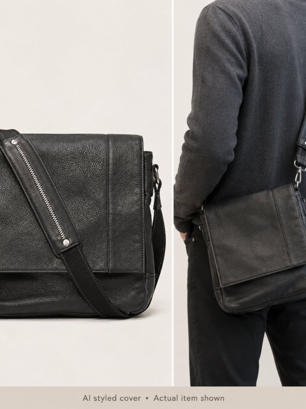 Black Messenger Bag Crossbody Travel Work Satchel Pebbled Leather